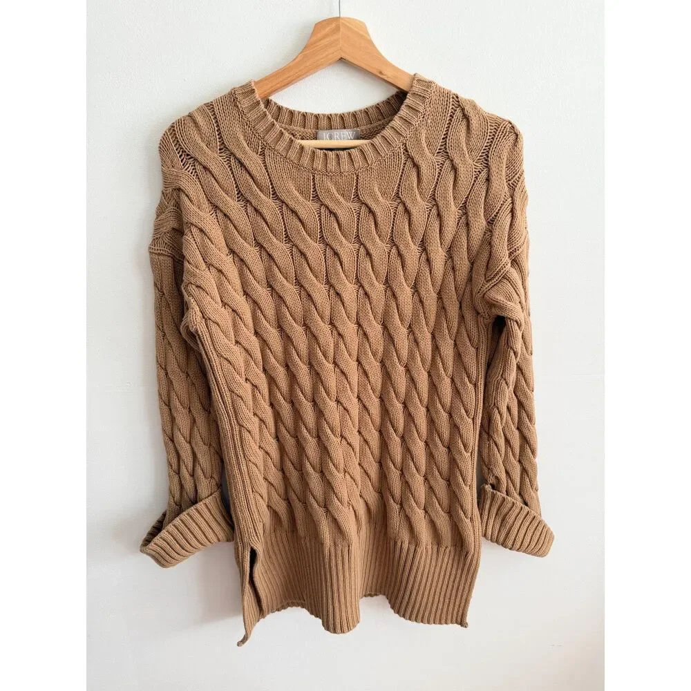 J.Crew Re-Imagined Cable Knit Sweater S-M Camel Brown Side Slit Cotton Blend